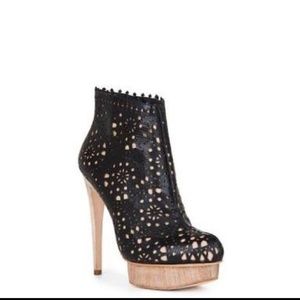 Bcbgmaxazria NWT Black Perforated Print Leather Platform Booties